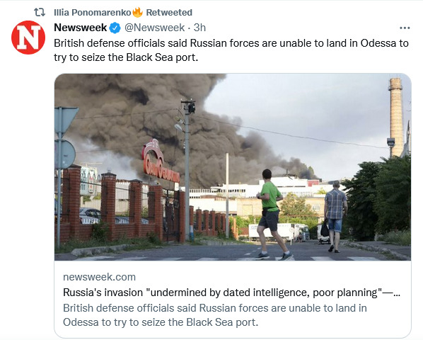 British defence officials said Russian forces are unable to land in Odessa to try to seize the Black Sea port