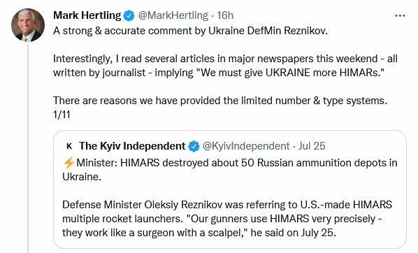 Defense Minister Oleksiy Reznikov said, 'Our gunners use HIMARS very precisely, they work like a surgeon with a scalpel.' Mark Hertling thinks this is why the USA has not provided lots of HIMARS but only a few.