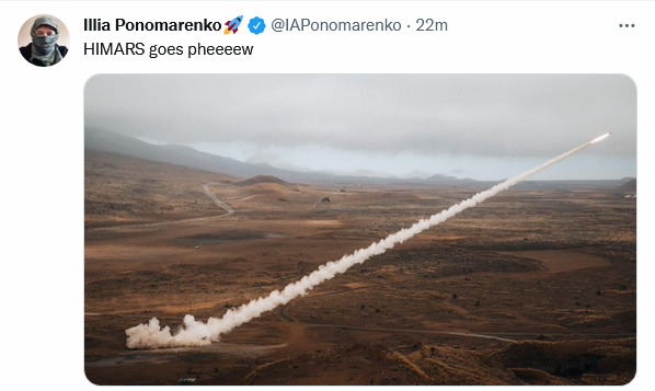 Artistic shot of a HIMARS launching a rocket, captioned 'HIMARS goes pheeeew'