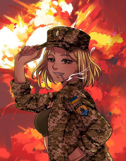 anime Ukraine soldier with an explosion in the background