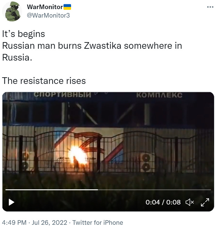 Russian man burns a Z somewhere in Russia. The resistance rises.