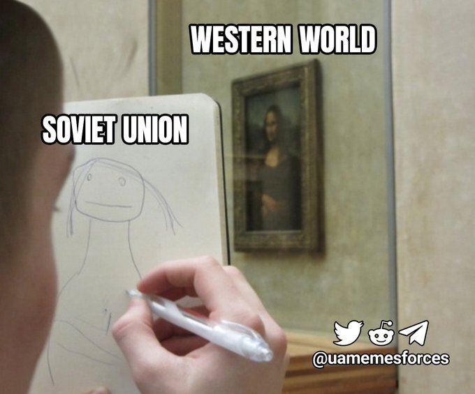 Painting labeled 'Western World', someone drawing a very crude sketch of the painting labeled 'Soviet Union'
