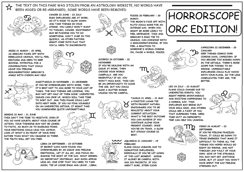 coloring book page labeled 'Horrorscope Orc Edition'