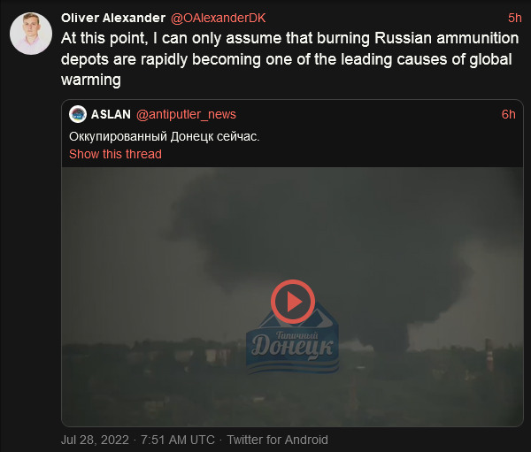 at this point, I can only assume that burning Russian ammunition dumps are rapidly becoming one of the leading causes of global warming