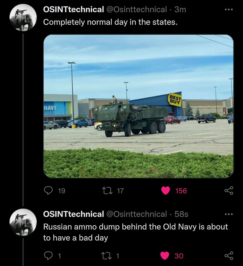 military vehicle in the parking lot of a mall, caption 'Completely normal day in the states.' Reply: Russian ammo dump behind the Old Navy is about to have a bad day