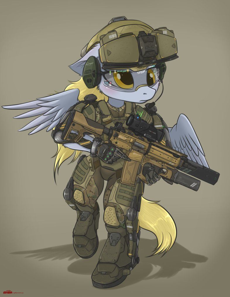 pony in Ukraine colors in fatigues with a rifle