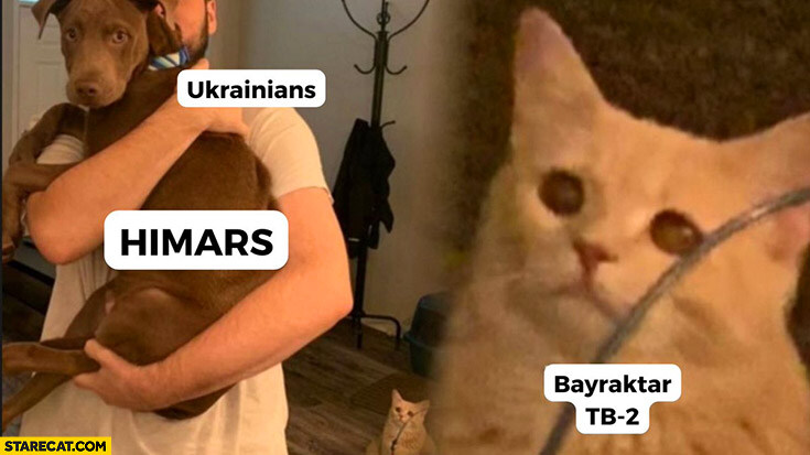 Ukrainians (man) cuddles HIMARS (dog).  Bayraktar TB-2 (cat) looks at them disapprovingly