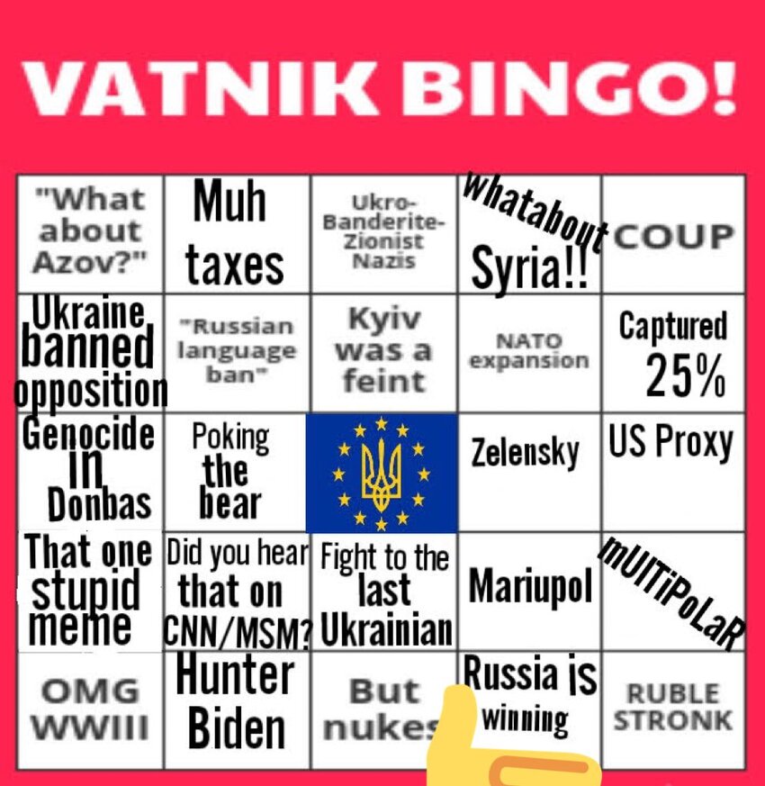 bingo card with a bunch of pro-Russia talking points