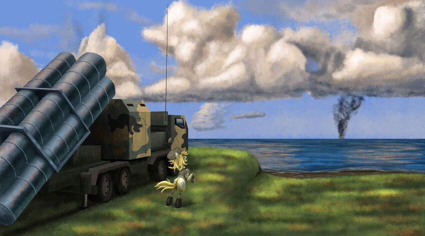Ukraine-chan pony next to a Neptune missile launcher