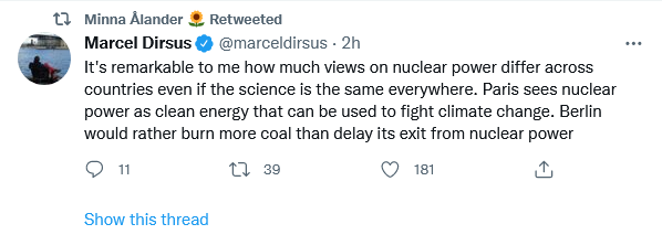 views on nuclear power differ across countries even if the science is the same everywhere. Paris sees nuclear power as clean energy, Berlin would rather burn coal.