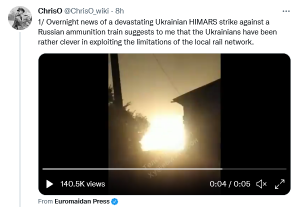 overnight news of a devestating Ukrainian HIMARS strick against a Russian ammunition train