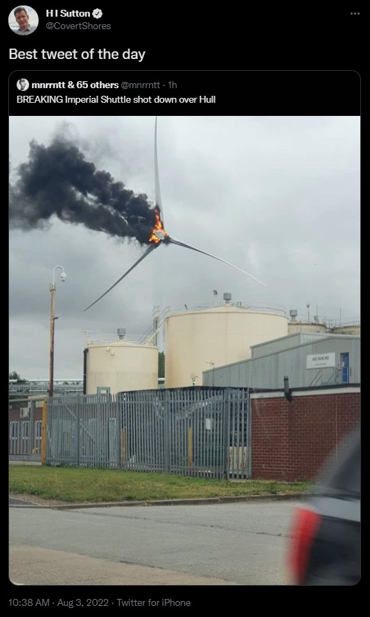 Imperial Shuttle shot down over Hull.  This is actually a wind turbine that is on fire that kind of looks like the Imperial shuttles from Return of the Jedi