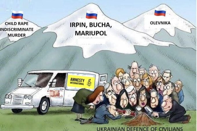 Amnesty International has many people looking at a molehill 'Ukrainian defence of civilians' while ignoring mountains 'child rape, murder', 'Irpin, Bucha, Mariupol', and 'Olevnika'