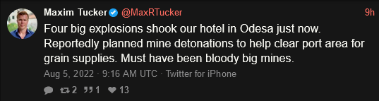 Four big explosions shook our hotel in Odesa just now. Reportedly planned mine detonations to help clear port area for grain supplies. Must have been bloody big mines.