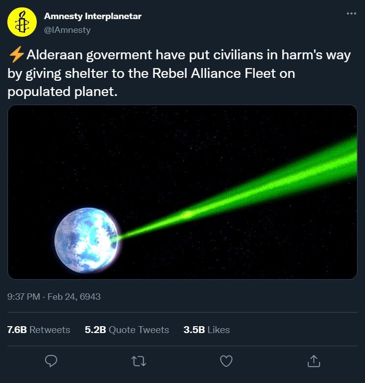 Alderaan government have put civilians in harm's way by giving shelter to the Rebel Alliance Fleet on populated planet