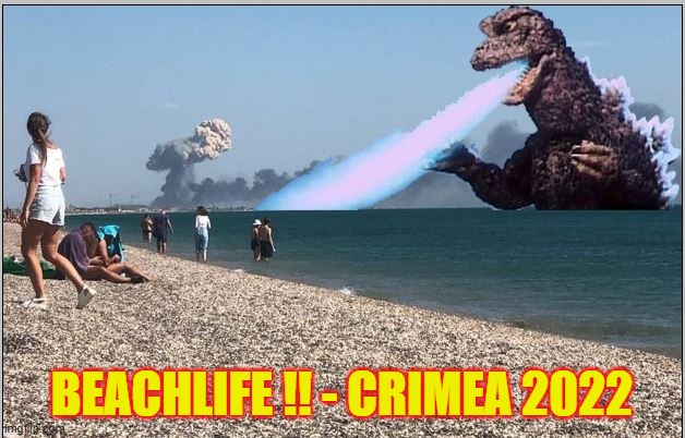 Godzilla attacks Crimea beach, caption 'Beachlife!! Crimea 2022'