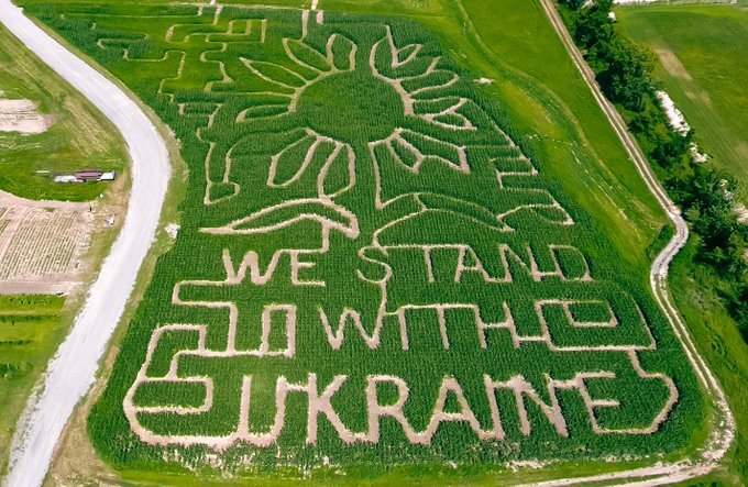 corn maze that says 'We stand with Ukraine'