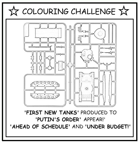 coloring book page about Putin's new plastic model tanks