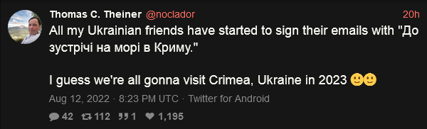 All my Ukrainian friends have started to sign their emails with 'see you at the beach in Crimea'