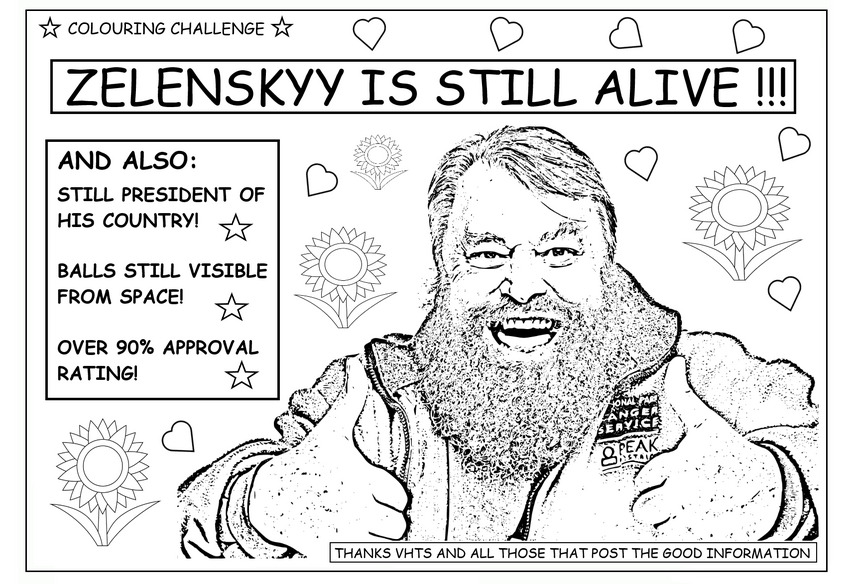 coloring book page where BRIAN BLESSED says that Zelenskyy is still alive