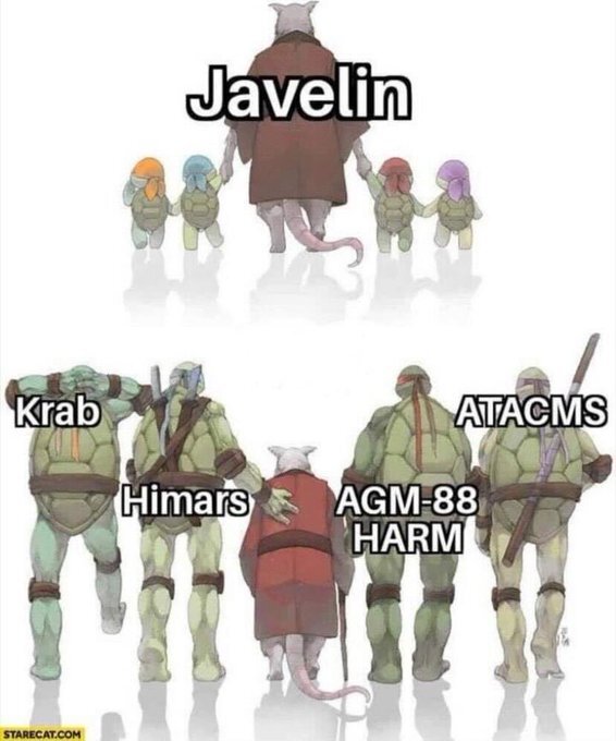 Splinter with young Turtles as Javelin. Splinter with teenage Turtles, they are Krab, HIMARS, AGM-88 HARM, and ATACMS.