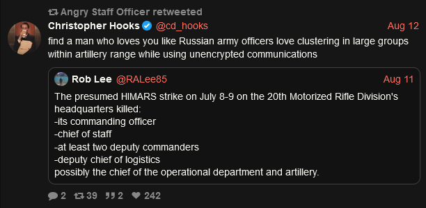 the presumed HIMARS strike on July 8-9 on the 20th Motorized Rifle Division's HQ killed at least 5 and probably 7 officers
