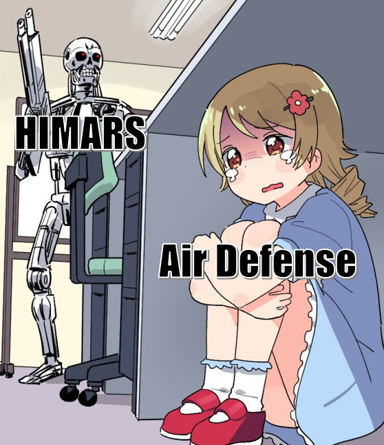 a Terminator labeled HIMARS stalks a young girl labeled Air Defense
