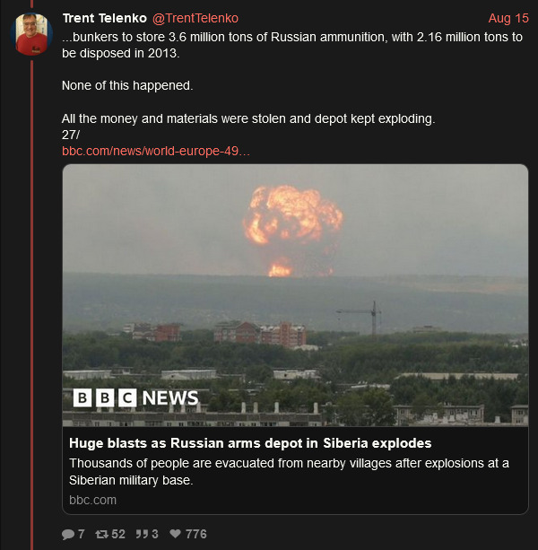 bunkers to store 3.6 million tons of Russian ammunition, with 2.16 million tons to be disposed in 2013. None of this happened. All the money and materials were stolen and depot kept exploding.