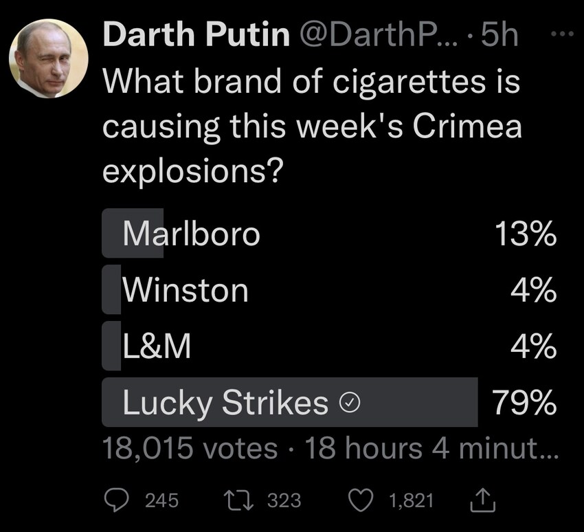 What brand of cigarettes is causing this week's Crimea explosions? Marlboro 13%, Winston 4%, L and M 4%, Lucky Strikes 79%
