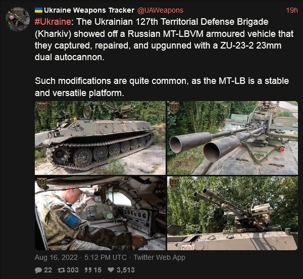 Ukrainian 127th Brigade showed off a Russian MT-LB armored vehicle that they captured, repaired, and upgunned with a ZU-23-2 23mm dual autocannon. Such modifications are quite common, as the MT-LB is a stable and versatile platform