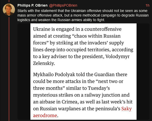 Ukraine is engaged in a counteroffensive aimed at creating chaos within Russian forces by striking at the invaders' supply lines deep into occupied territories. Mykhailo Podolyak told the Guardian there could be more attacks in the next 2 or 3 months similar to Tuesday's mysterious strikes on a railway junction and an airbase in Crimea