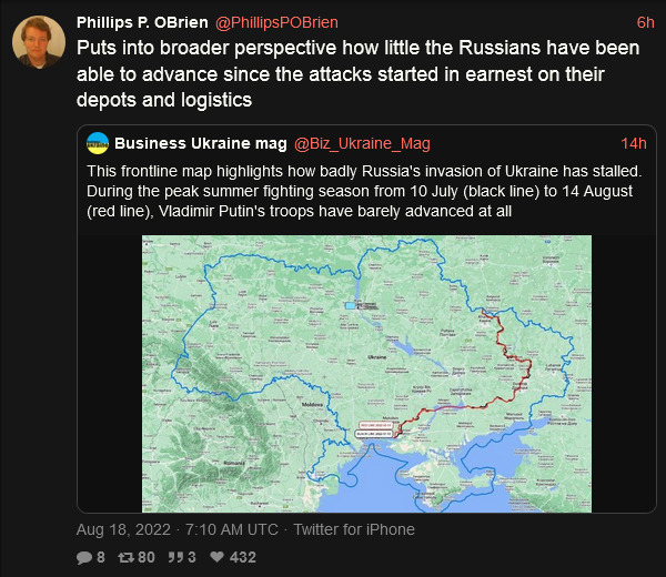 This frontline map highlights how badly Russia's invasion of Ukraine has stalled. During the peak summer fighting season from 10 Jult (black line) to 14 August (red line), Putin's troops have barely advanced at all