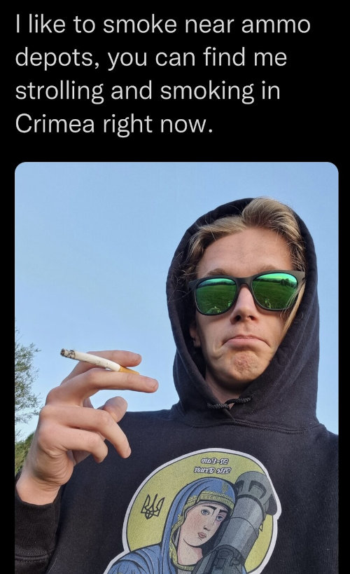 guy with a St. Javelin hoodie saying, 'I like to smoke near ammo depots, you can find me strolling and smoking in Crimea right now