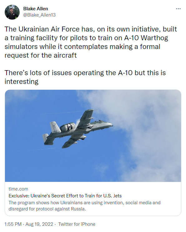 Ukrainian Air Force has built a training facility for pilots to train on A-10 Warthog simulators while it contemplates making a formal request for the aircraft