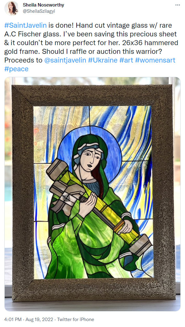 picture of a stained glass window featuring Saint Javelin, artist is wondering whether to raffle or auction it