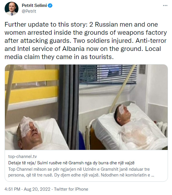 2 Russian men and 1 woman arrested inside the grounds of weapons factory after attacking guards. Two soldiers injured. Anti-terror and intel service of Albania now on the ground. Local media claim they came in as tourists.