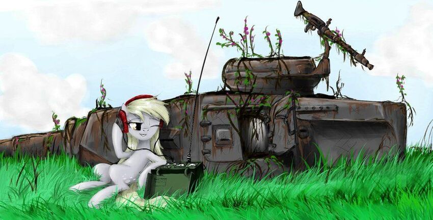 pony lounging by a tank