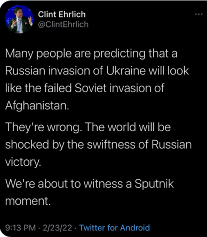 Clint Ehrlich: Many people are predicting that a Russian invasion of Ukraine will look like the failed Soviet invasion of Afghanistan. They're wrong. The world will be shocked by the swiftness of Russian victory.