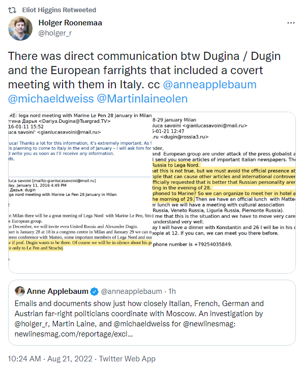There was direct communication between Dugina/Dugin and the European far rights that included a covert meeting with them in Italy. Emails and documents show just how closely Italian, French, German, and Austrian far-right politicians coordinate with Moscow.