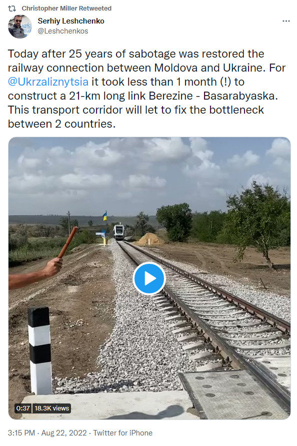 today after 25 years of sabotage was restored the railway connection between Moldova and Ukraine. It took less than 1 month to construct a 21 km long link from Berezine to Basarabyaska.
