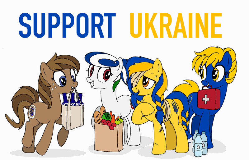 Ponies representing various European economic alliances bring groceries, vodka, and first aid supplies to Ukraine