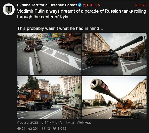 Putin always dreamed of a parade of Russian tanks rolling through the center of Kyiv. This probably wasn't what he had in mind... (destroyed Russian tanks being dragged through Kyiv)