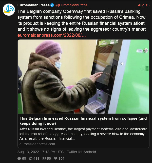 tweet accusing Belgian company OpenWay of keeping the entire Russian financial system afloat