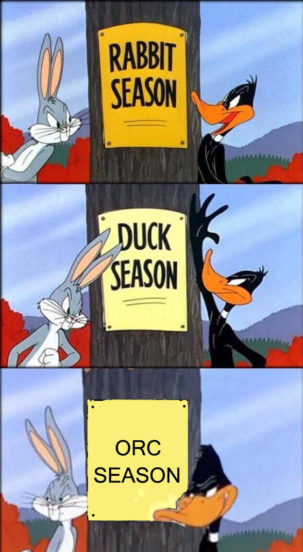 Bugs Bunny and Daffy Duck saying that it is neither Duck Season nor Rabbit Season, but Orc Season