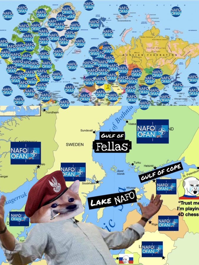 world map and map of the Baltic covered in NAFO/OFAN symbols, Baltic is re-labeled Gulf of Fellas and Lake NAFO, fella standing in front