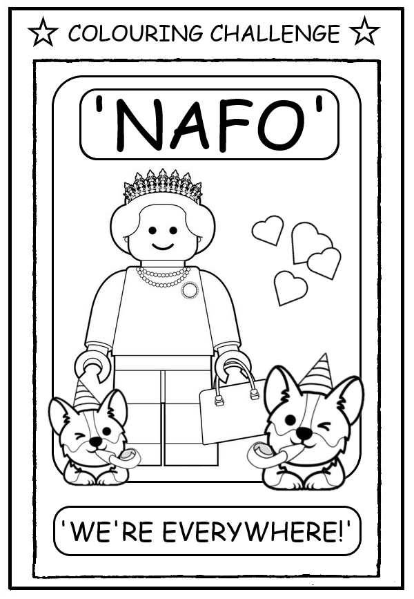 coloring book page about Queen Elizabeth II having NAFO corgis
