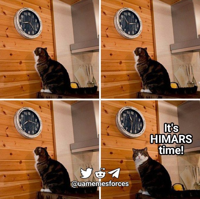 cat looking at clock for 3 panels, at 4th panel, looks at you and says 'It's HIMARS time!'