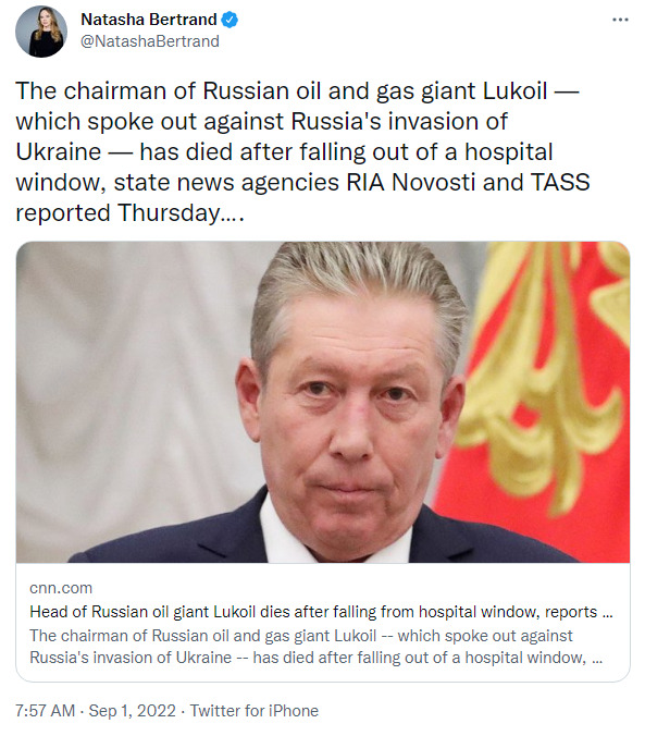 chairman of Russian oil and gas giant Lukoil, which spoke out against Russia's invasion of Ukraine, has died after falling out of a hospital window, state news agencies RIA Novosti and TASS reported Thursday