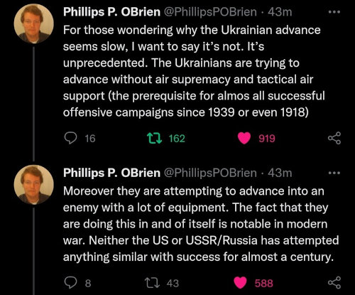For those wondering why the Ukrainian advance seems slow, I want to say that it's not. It's unprecedented. The Ukrainians are trying to advance without air supremacy and tactical air support (the prerequisite for almost all successful offensive campaigns since 1939 or even 1918)