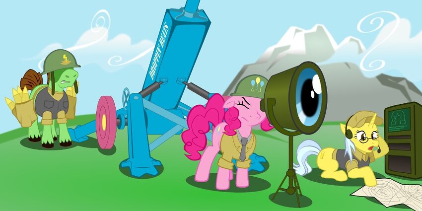 Ponies with a howitzer labeled 'Droppin Beats', telescope, and maps.